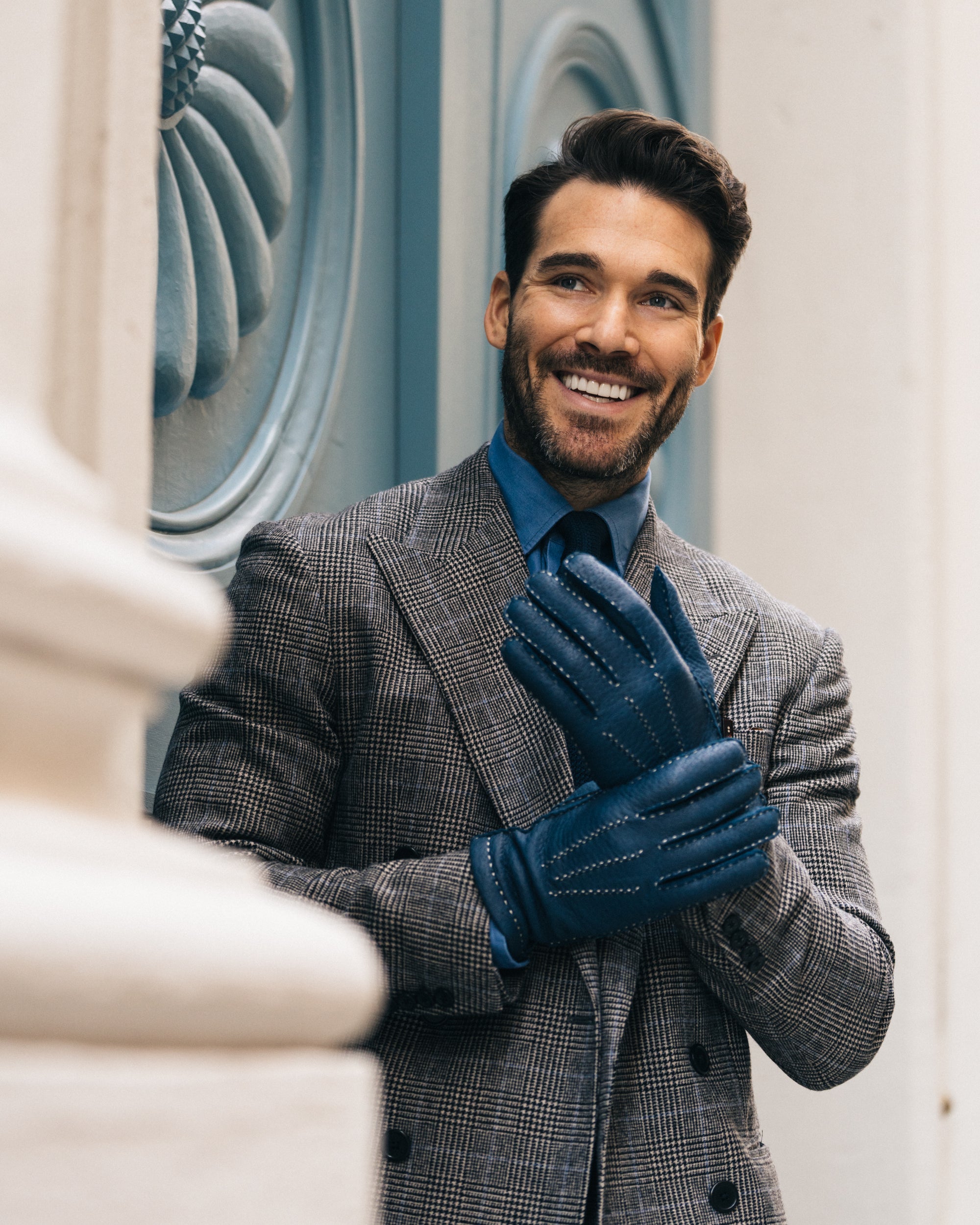 Herrenhandschuhe aus Denim Blue Peccary mit Kaschmir gefüttert