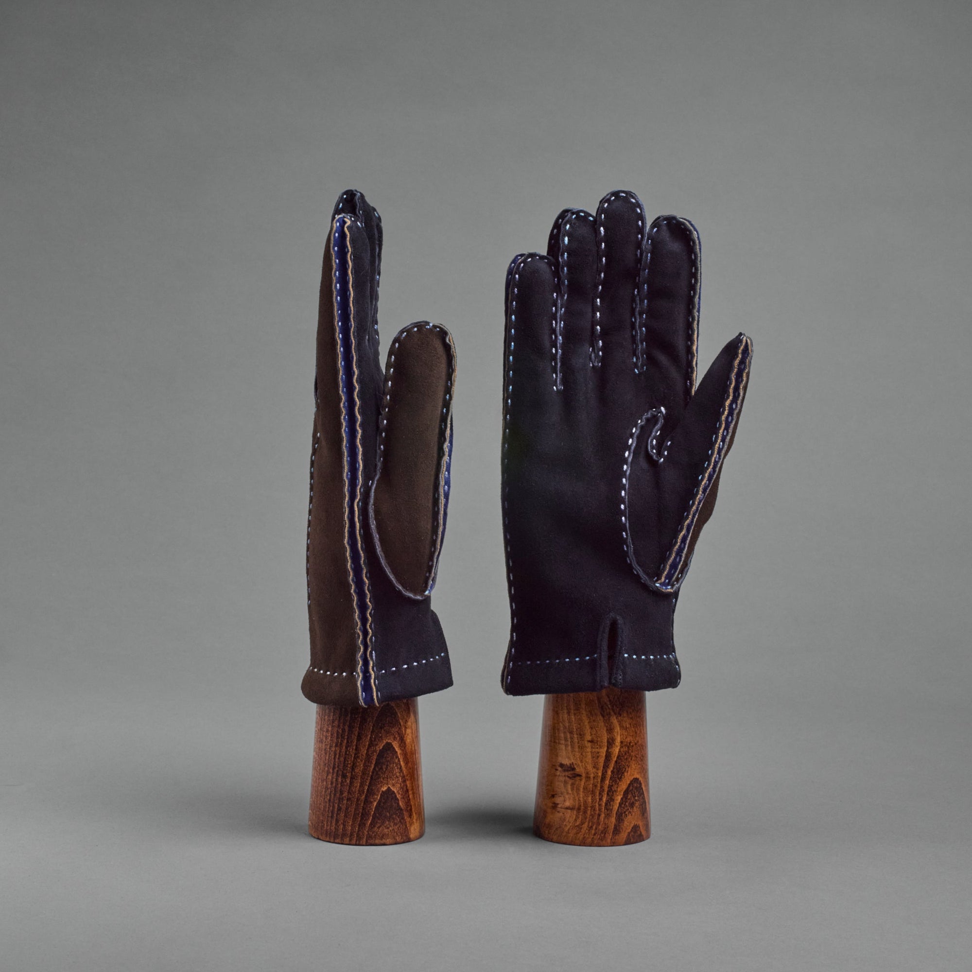 Herrenhandschuhe aus dunkelbraunem/dunkelblauem Ziegenleder mit Kaschmirfutter
