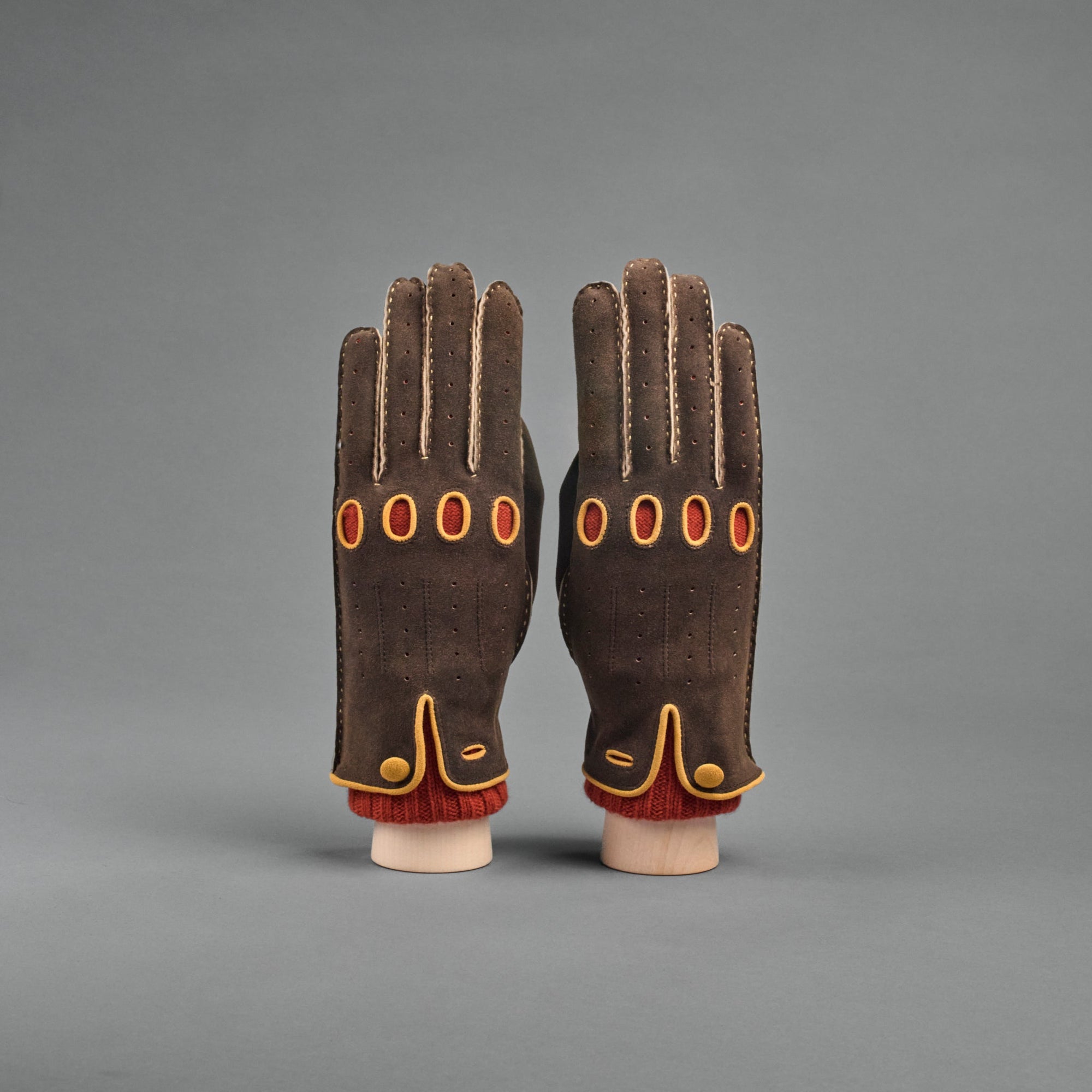 Ladies Gloves from Walnut Brown Goatskin lined with Dark Orange Cashmere