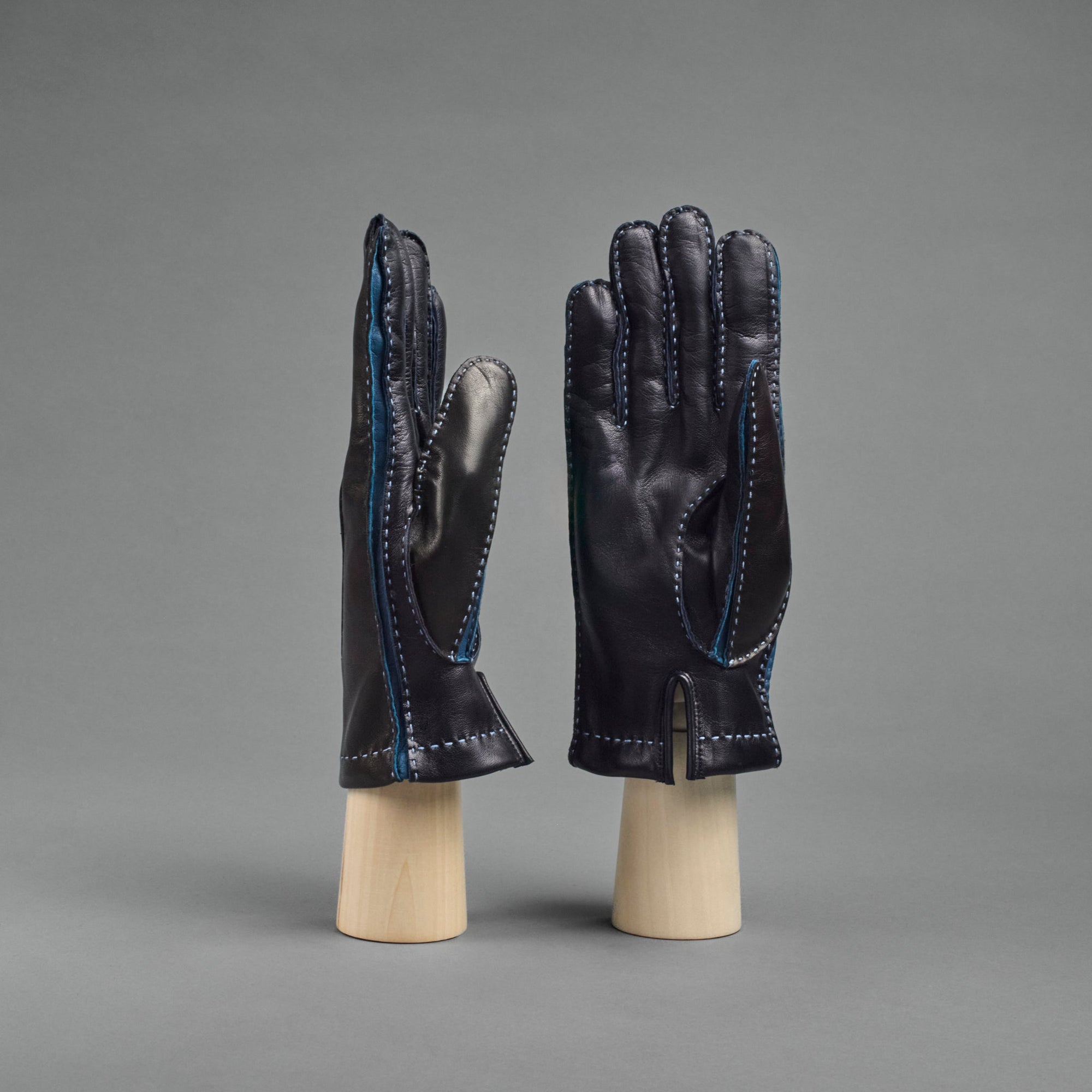 Herrenhandschuhe aus dunkelbraunem und blauem Haarschafnappa mit Kaschmirfutter