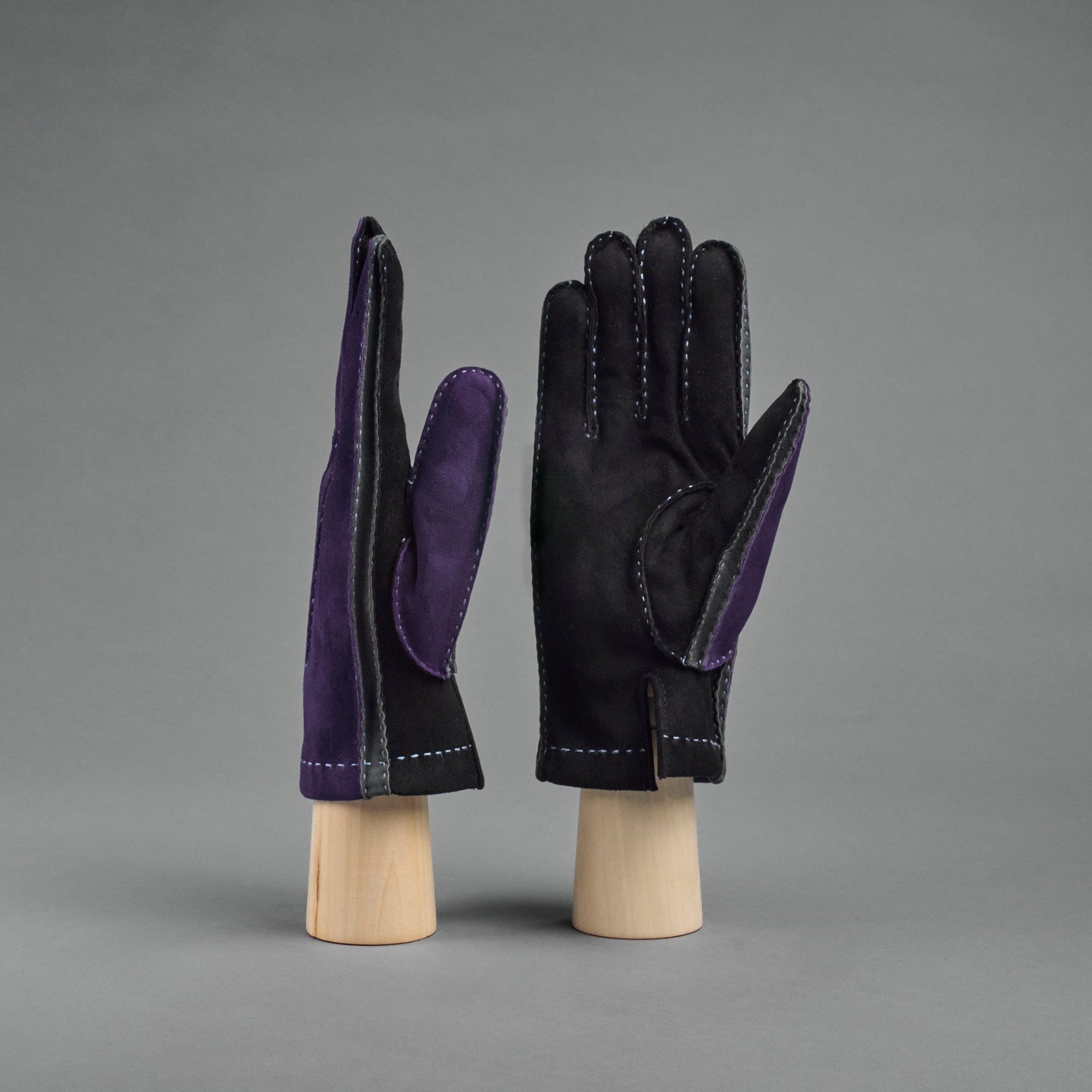Herrenhandschuhe aus lila/grauem/schwarzem Schafswildleder mit Kaschmirfutter