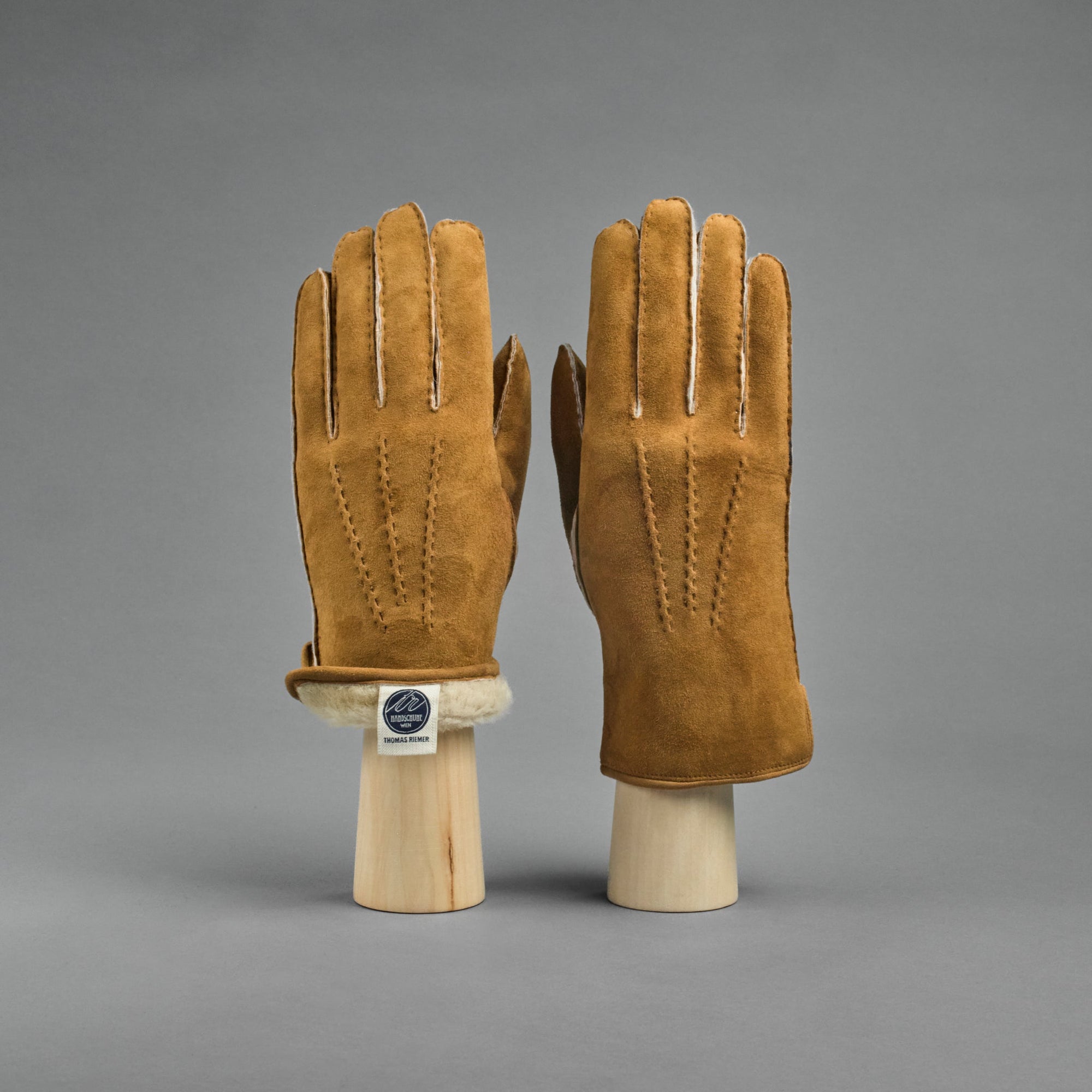 Damenhandschuhe aus Camel Curly Lammfell gefüttert mit Shearling