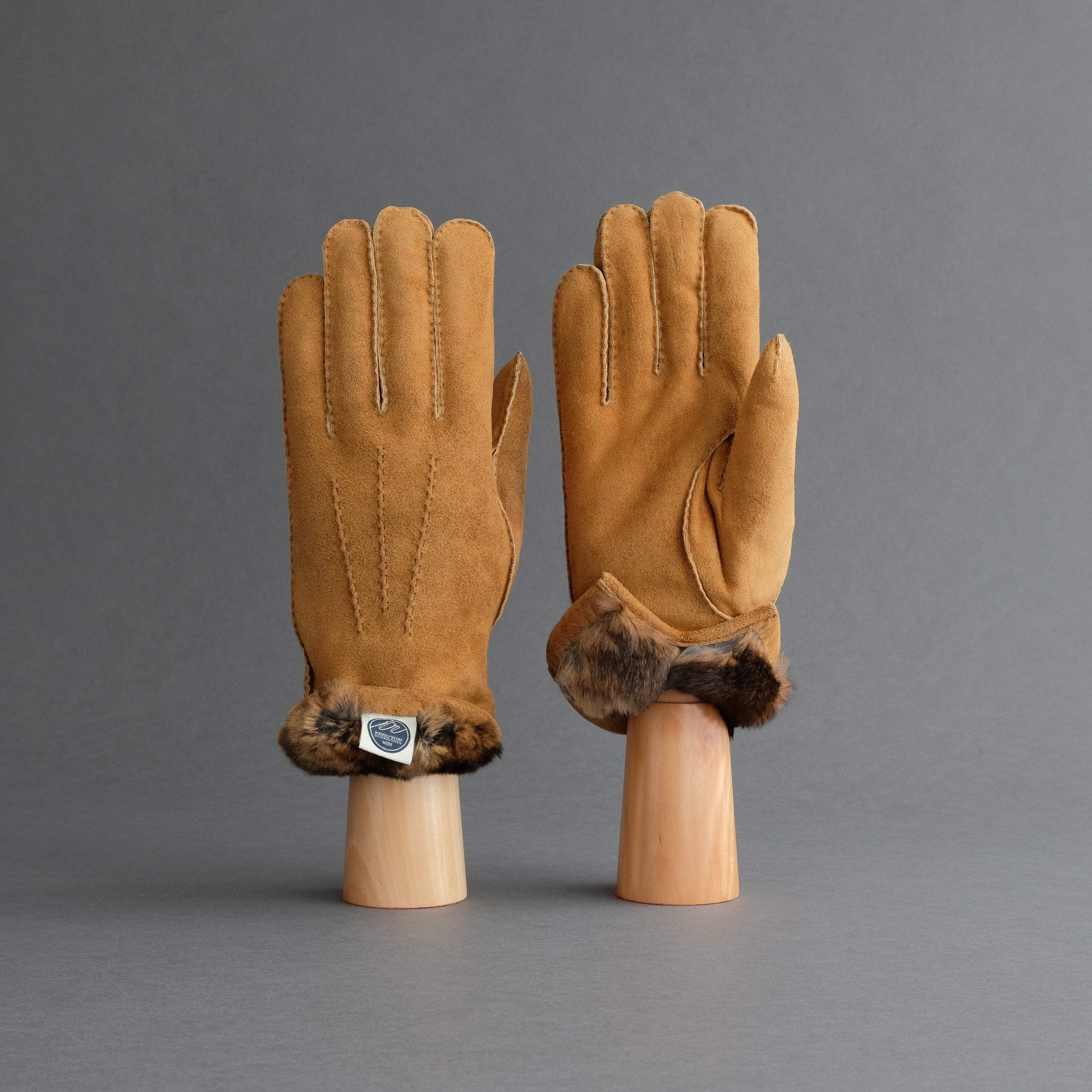 Gentlemen&#39;s Gloves from Cognac Goatskin Suede Lined with Orylag Fur - TR Handschuhe Wien - Thomas Riemer Handmade Gloves