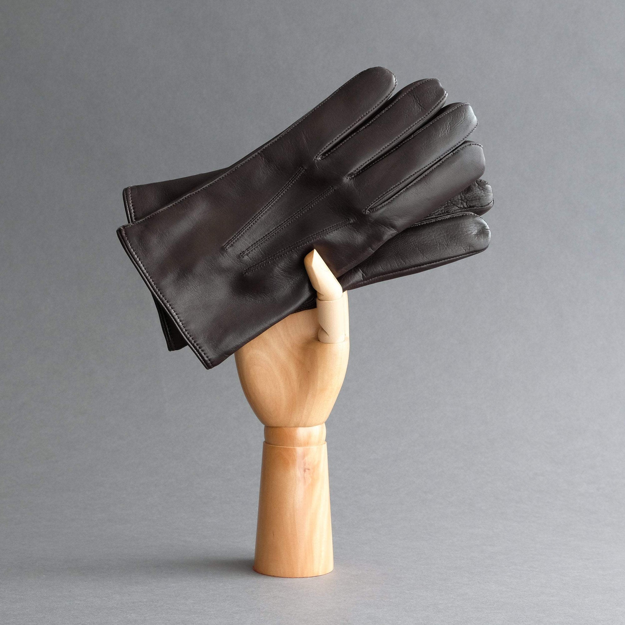 Gentlemen's Gloves from Dark Brown Hair Sheep Nappa Lined with Green Cashmere - TR Handschuhe Wien - Thomas Riemer Handmade Gloves