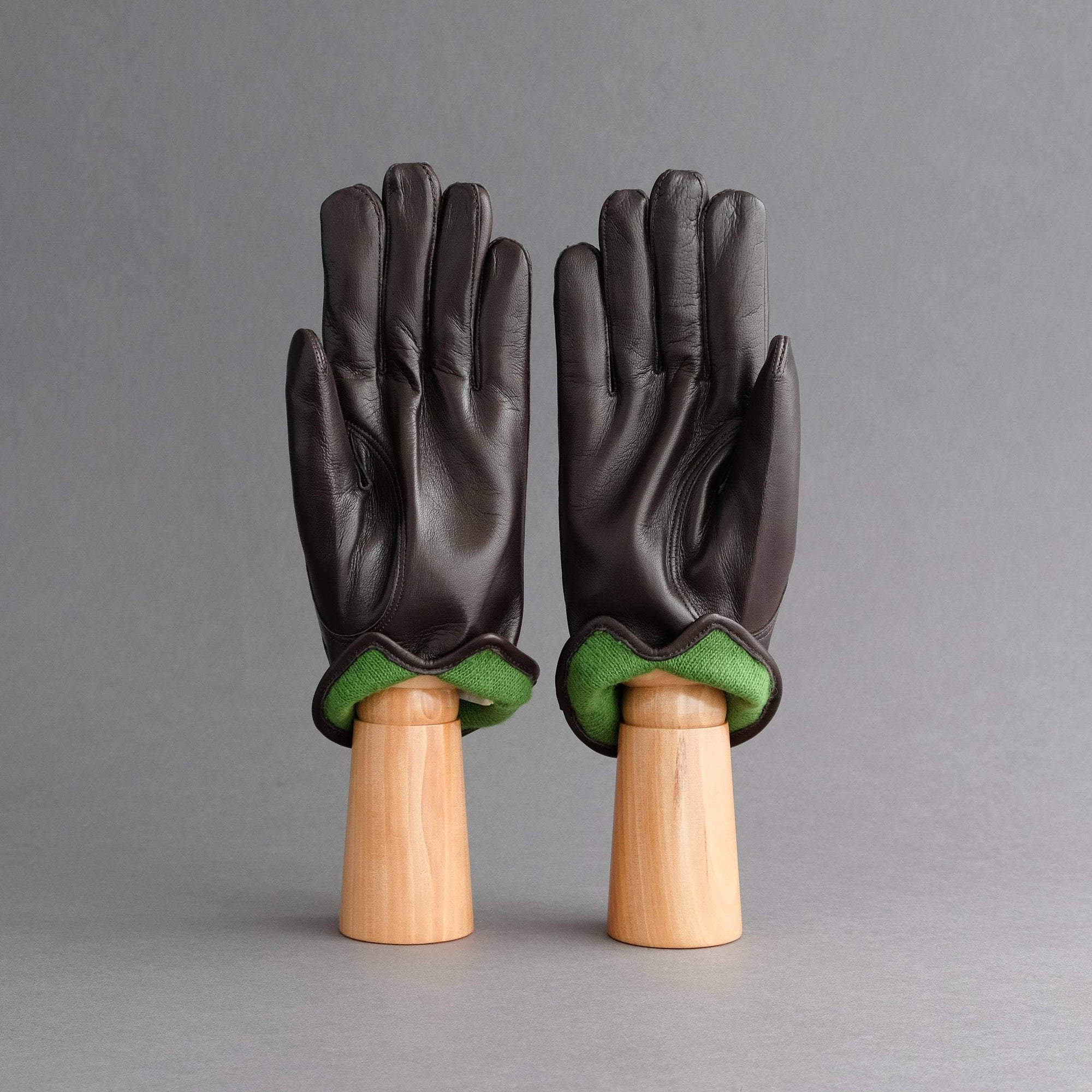 Gentlemen's Gloves from Dark Brown Hair Sheep Nappa Lined with Green Cashmere - TR Handschuhe Wien - Thomas Riemer Handmade Gloves