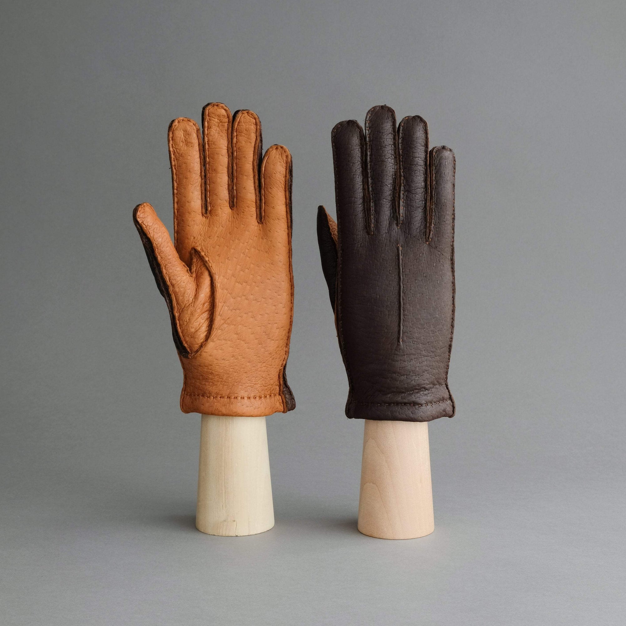 Ladies Peccary Gloves in Dark Brown and Cognac - TR Handschuhe Wien - Thomas Riemer Handmade Gloves