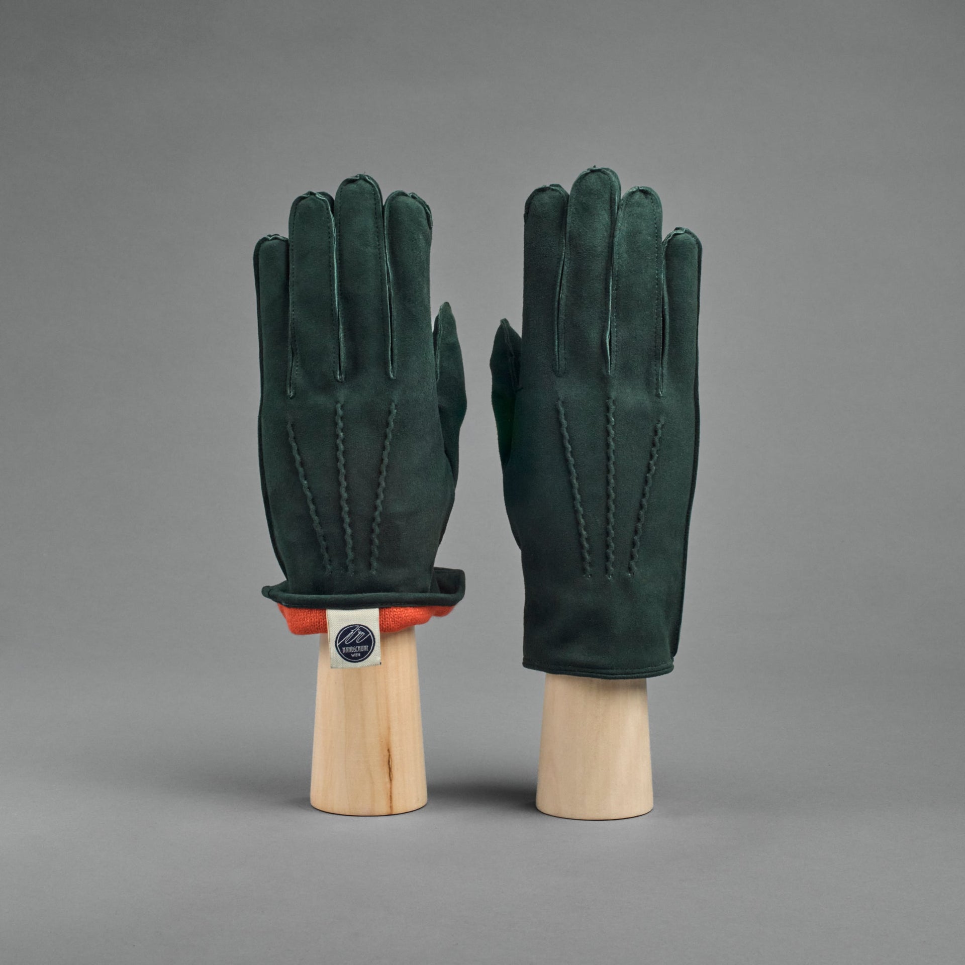 at handschuhe Gentlemen's Gloves from Dark Green Goatskin lined with orange Cashmere