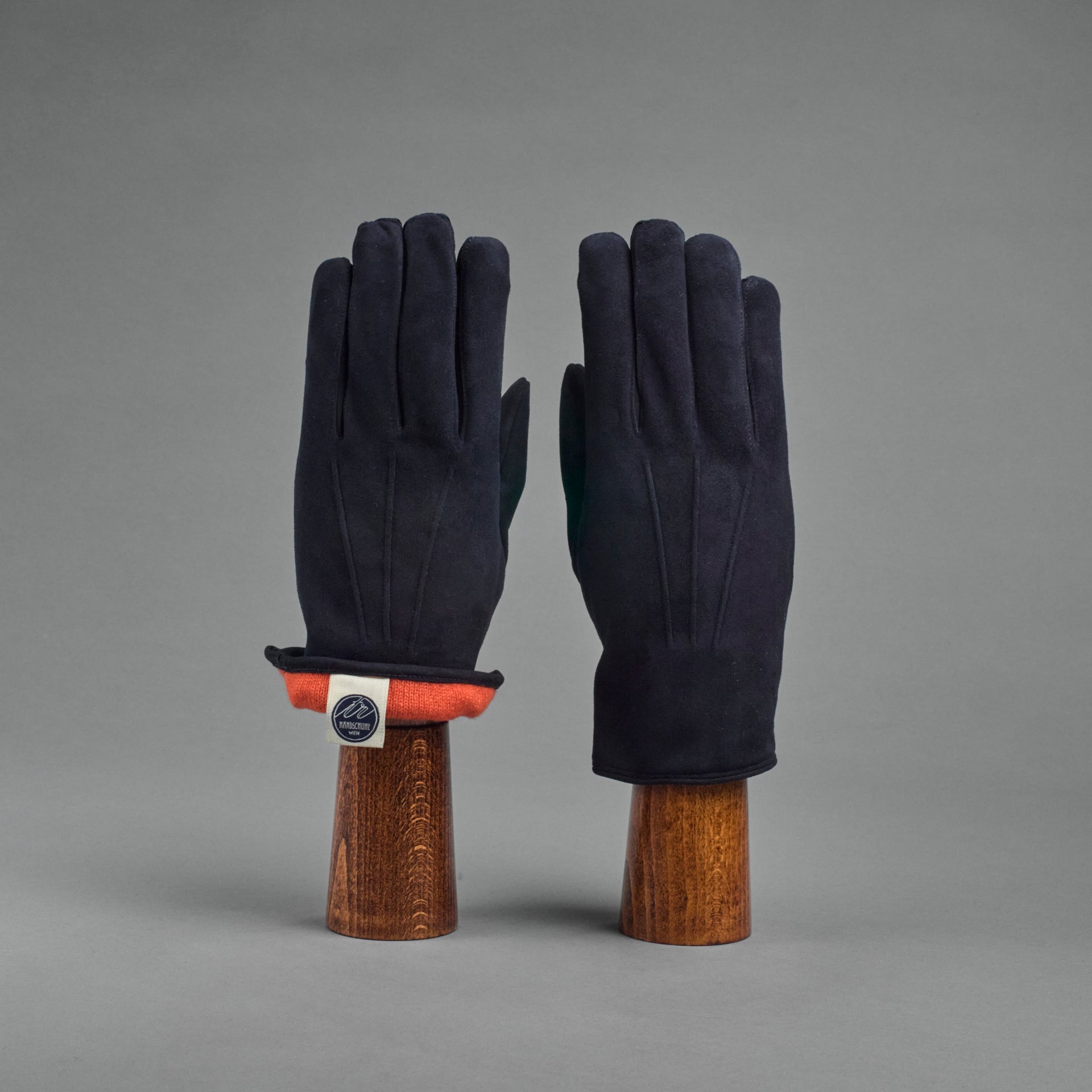 firma handschuh Herrenhandschuhe aus dunkelblauem Ziegenleder gefüttert mit orangefarb – TR  Handschuhe Wien