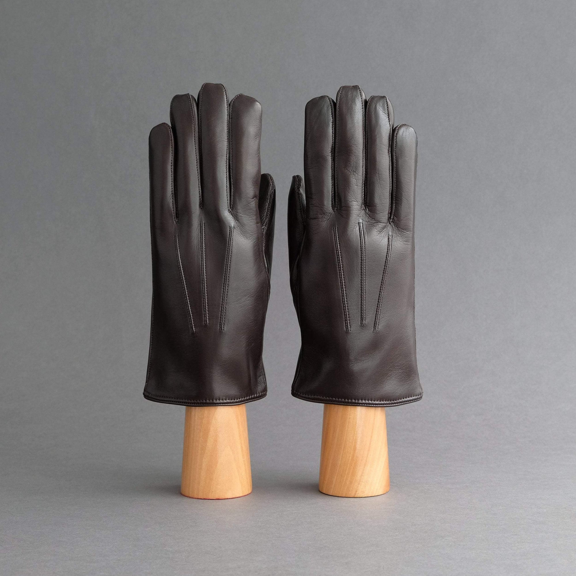 Gentlemen&#39;s Gloves from Dark Brown Hair Sheep Nappa Lined with Green Cashmere - TR Handschuhe Wien - Thomas Riemer Handmade Gloves