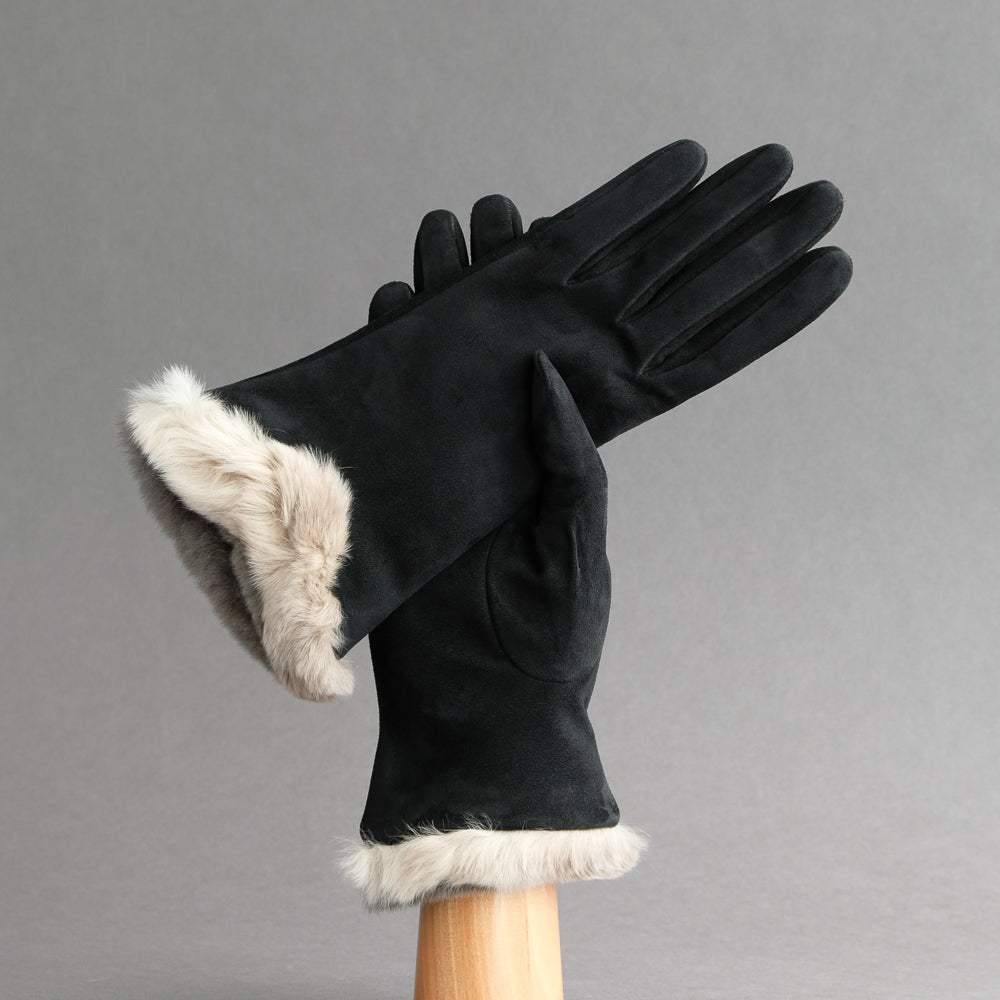 Ladies Gloves from Black Goatskin with Orylag Cuffs - TR Handschuhe Wien - Thomas Riemer Handmade Gloves