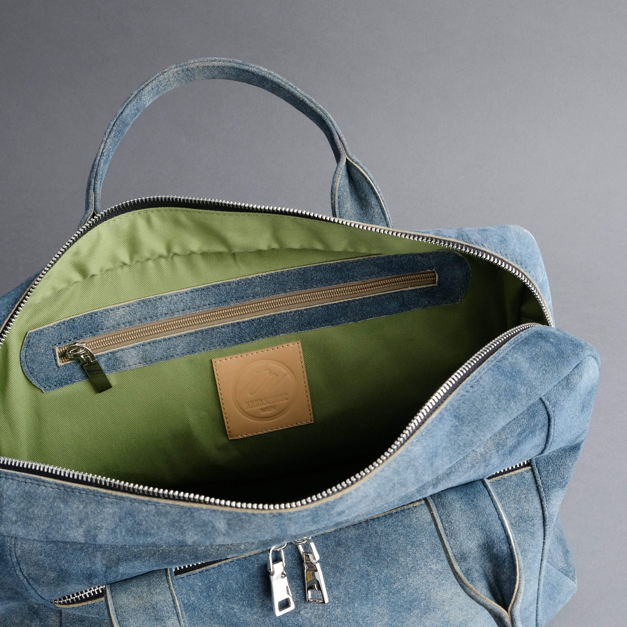 Laptop Carrying Bag Made From Jeans Blue Goatskin Suede - TR Handschuhe Wien - Thomas Riemer Handmade Gloves