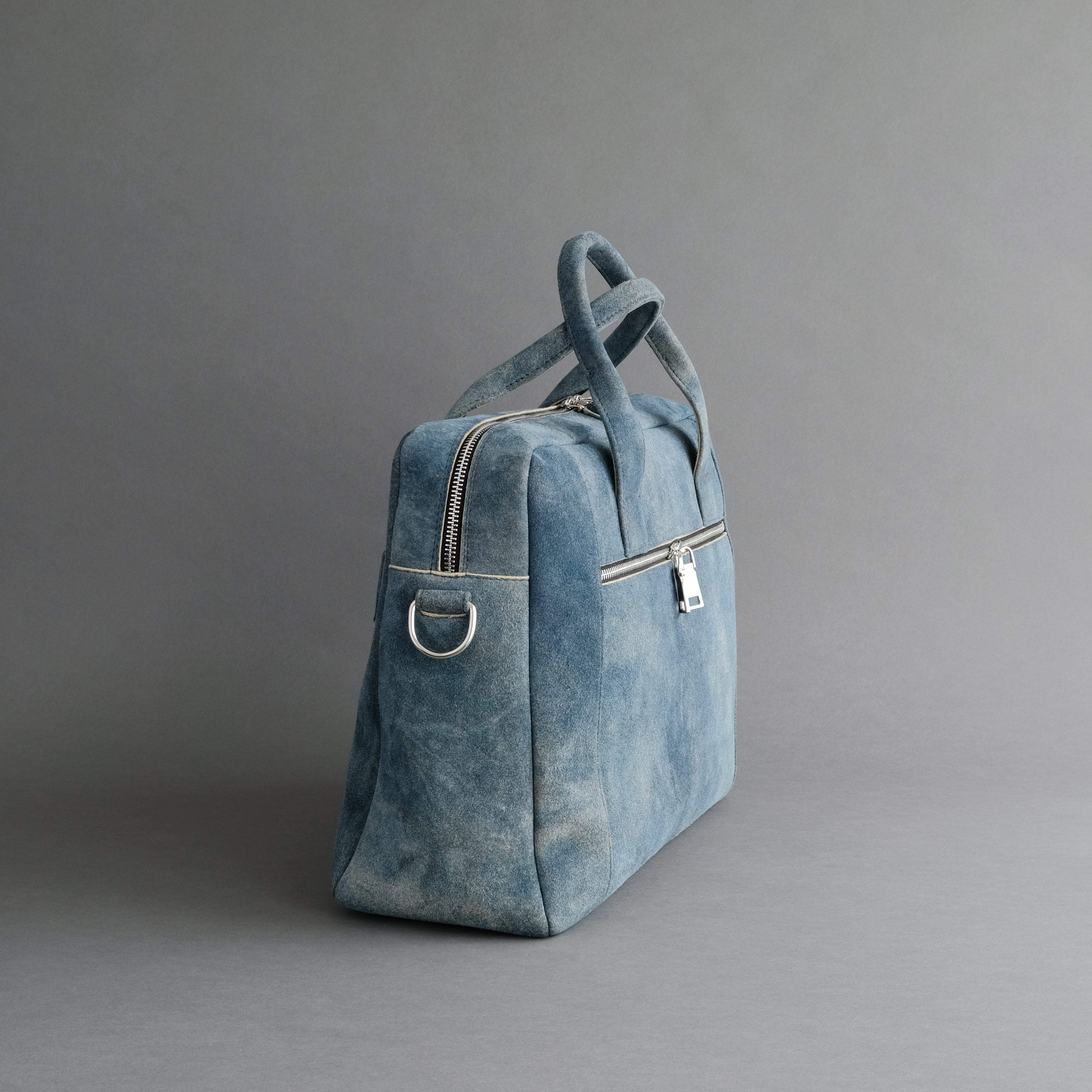 Laptop Carrying Bag Made From Jeans Blue Goatskin Suede - TR Handschuhe Wien - Thomas Riemer Handmade Gloves